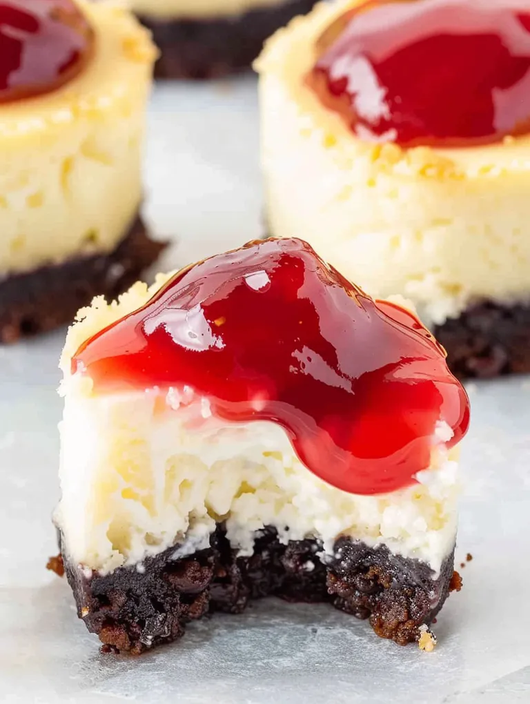 A slice of mini cherry cheesecake with a cherry on top.