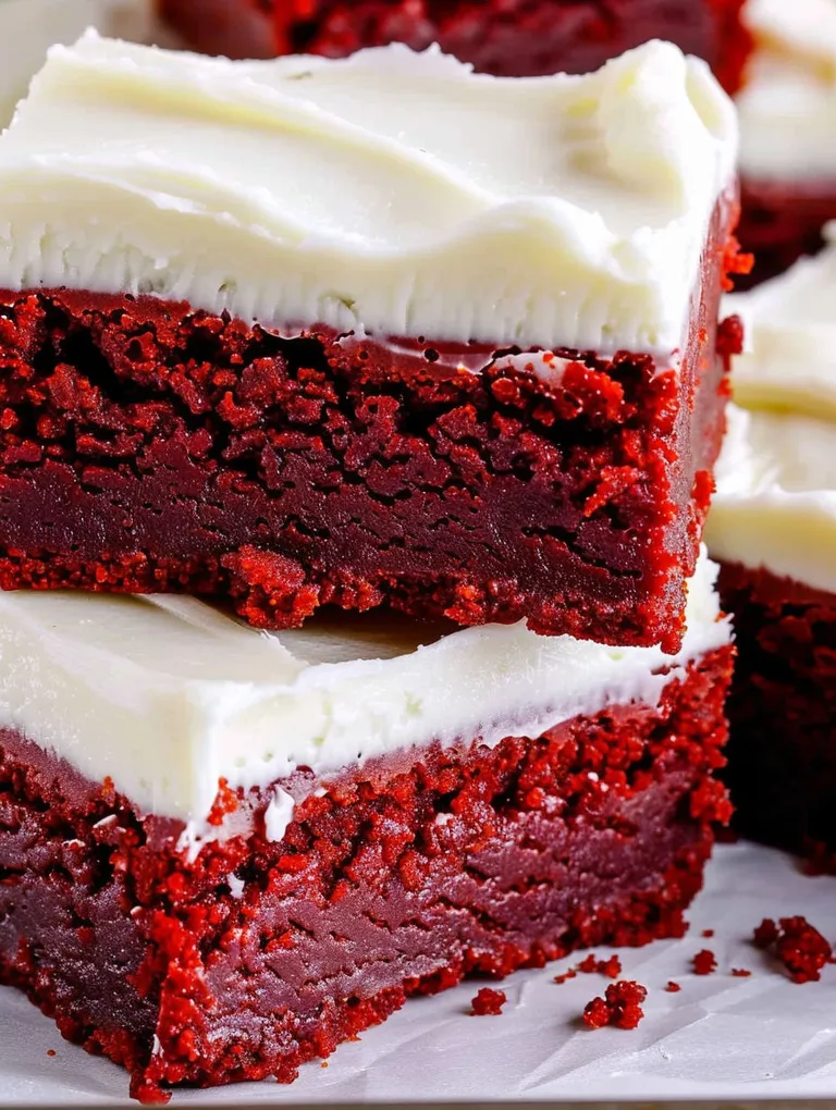 Red velvet brownies with white frosting.