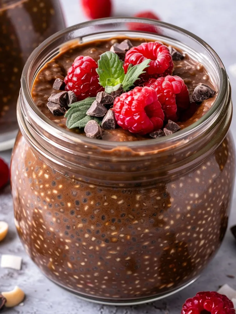 A jar of chocolate chia pudding with raspberries on top.