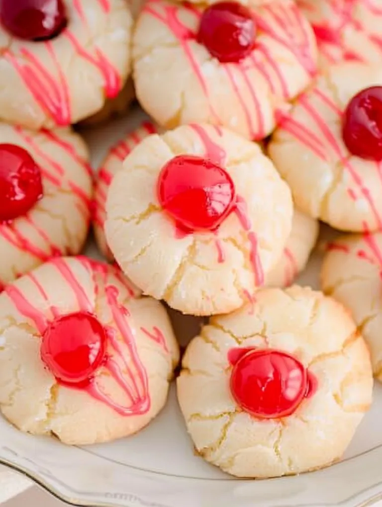 A plate of cookies with cherries on top.