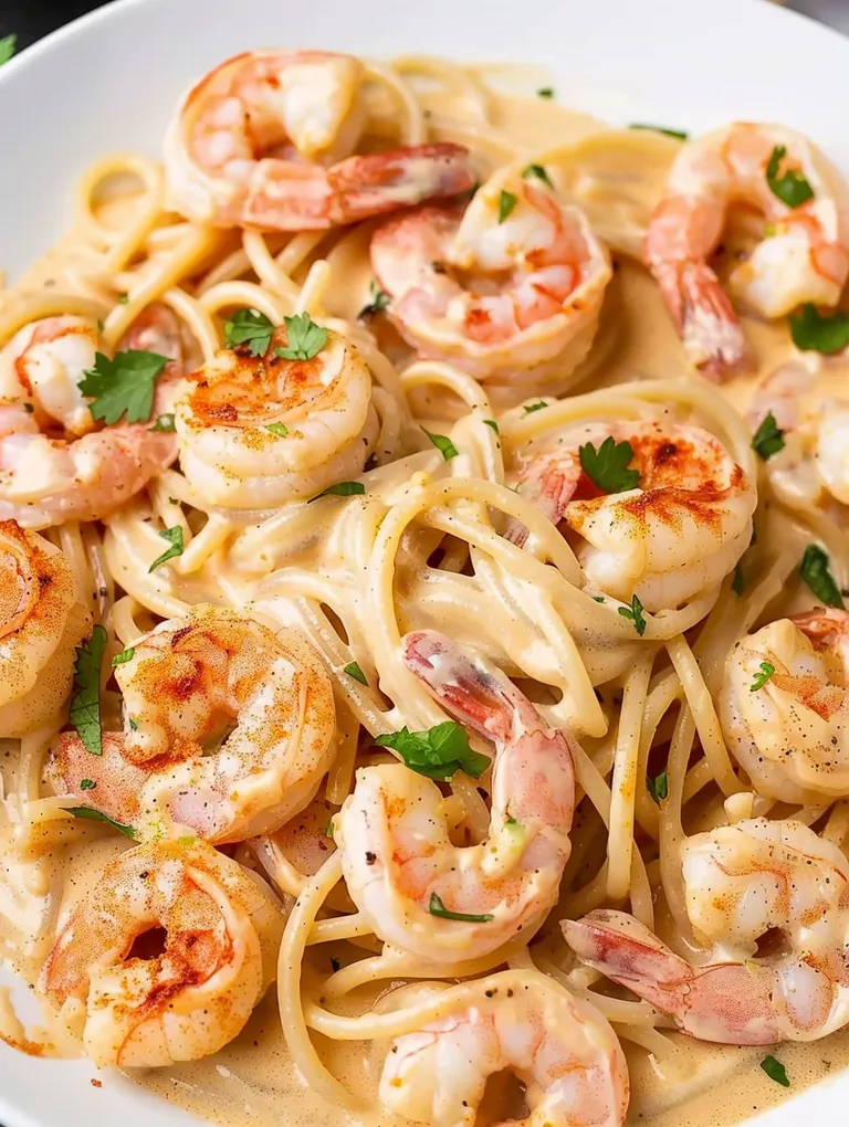 A plate of shrimp and noodles.