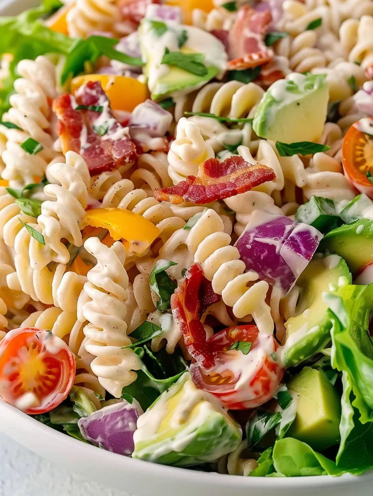 A plate of pasta with tomatoes, avocado, and bacon.