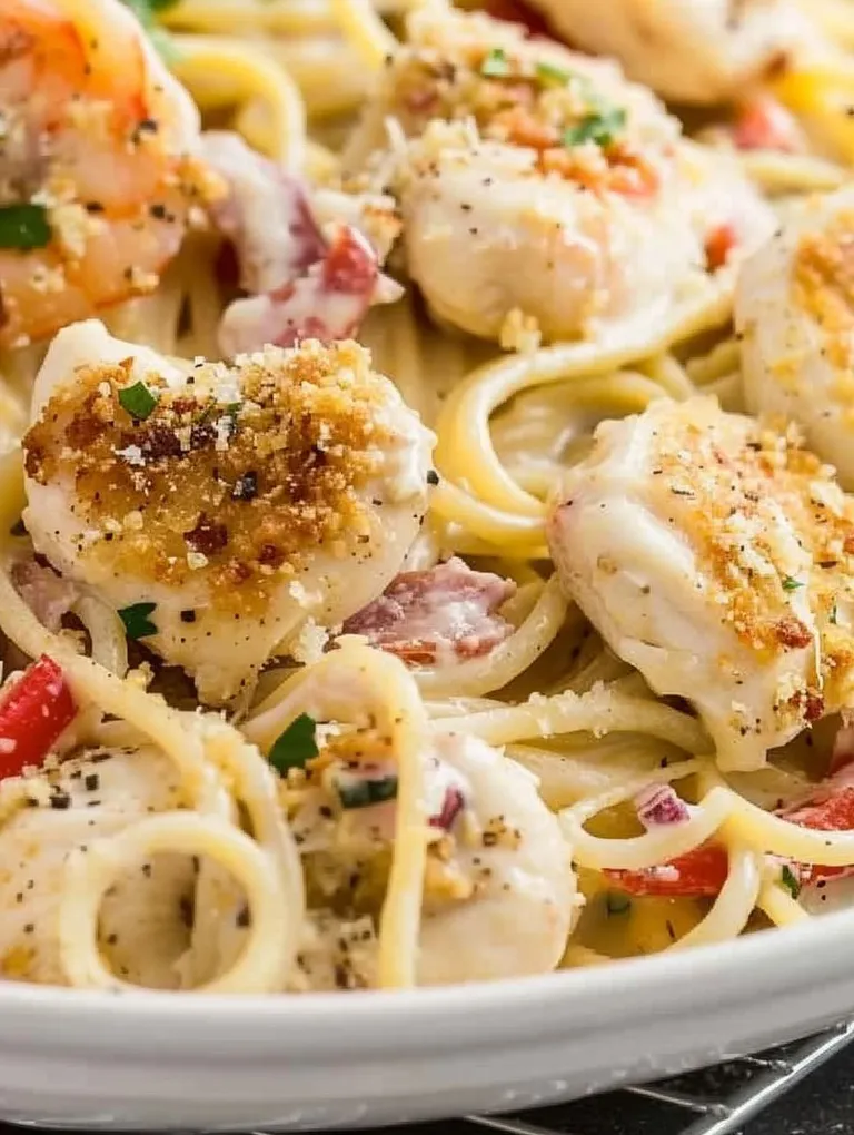 A plate of chicken and shrimp carbonara.