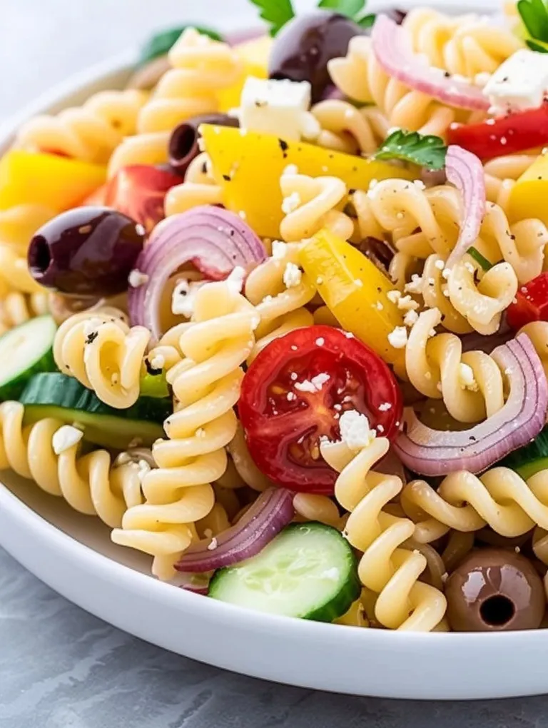 A bowl of pasta salad with tomatoes, cucumbers, and olives.