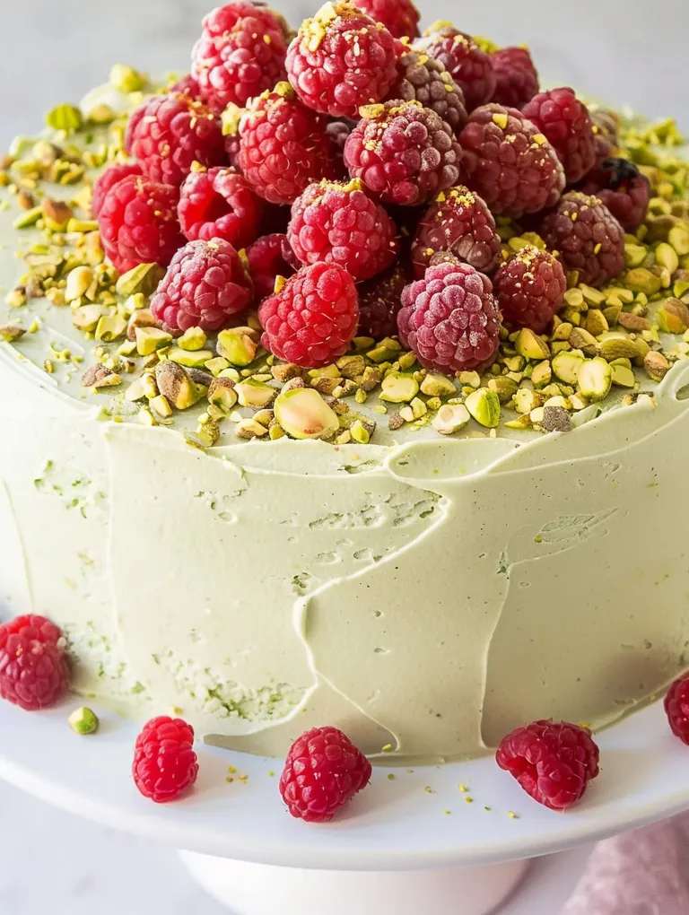 A slice of raspberry pistachio cake.