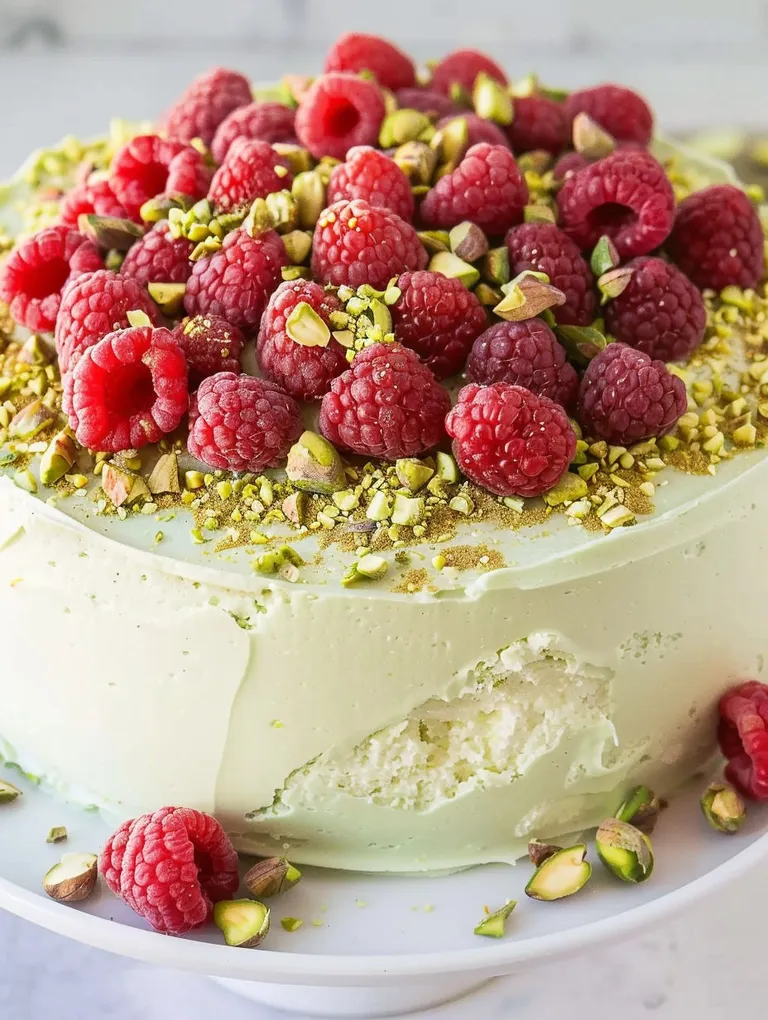 A close up of a Raspberry Pistachio Cake.