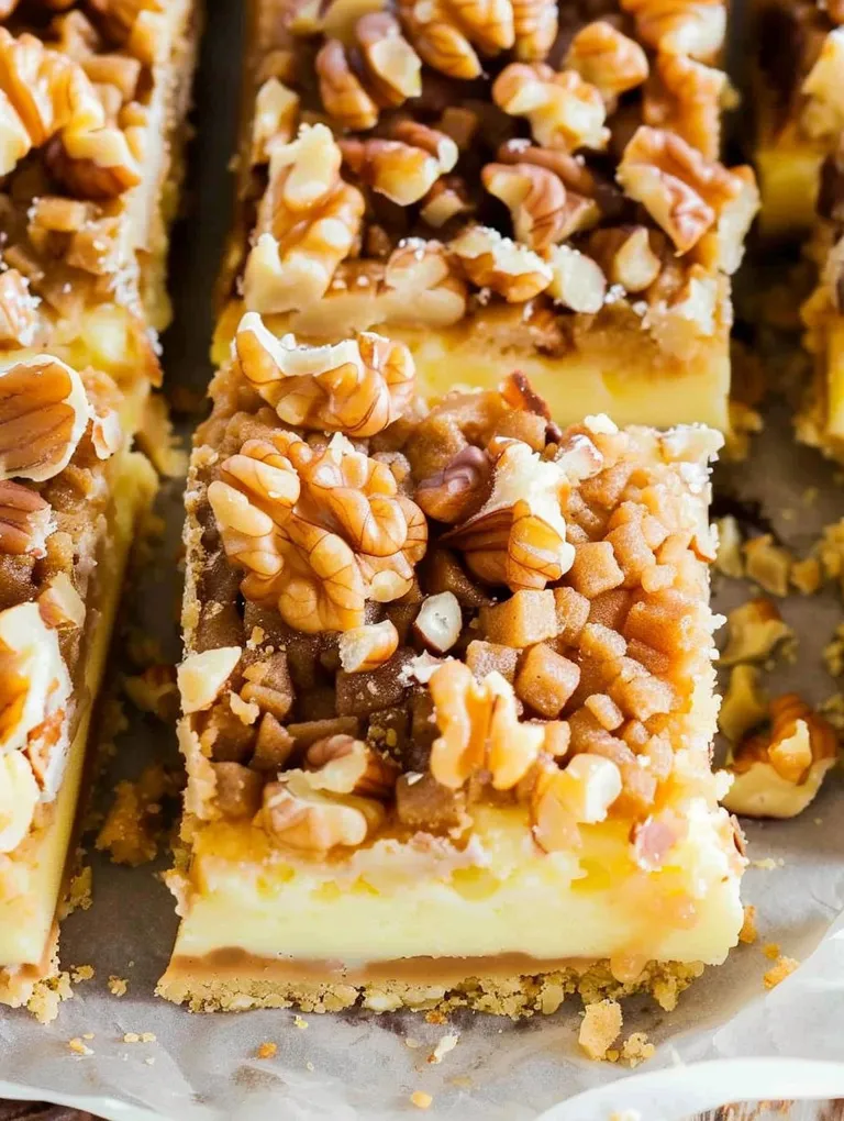 A slice of cake with walnuts on top.