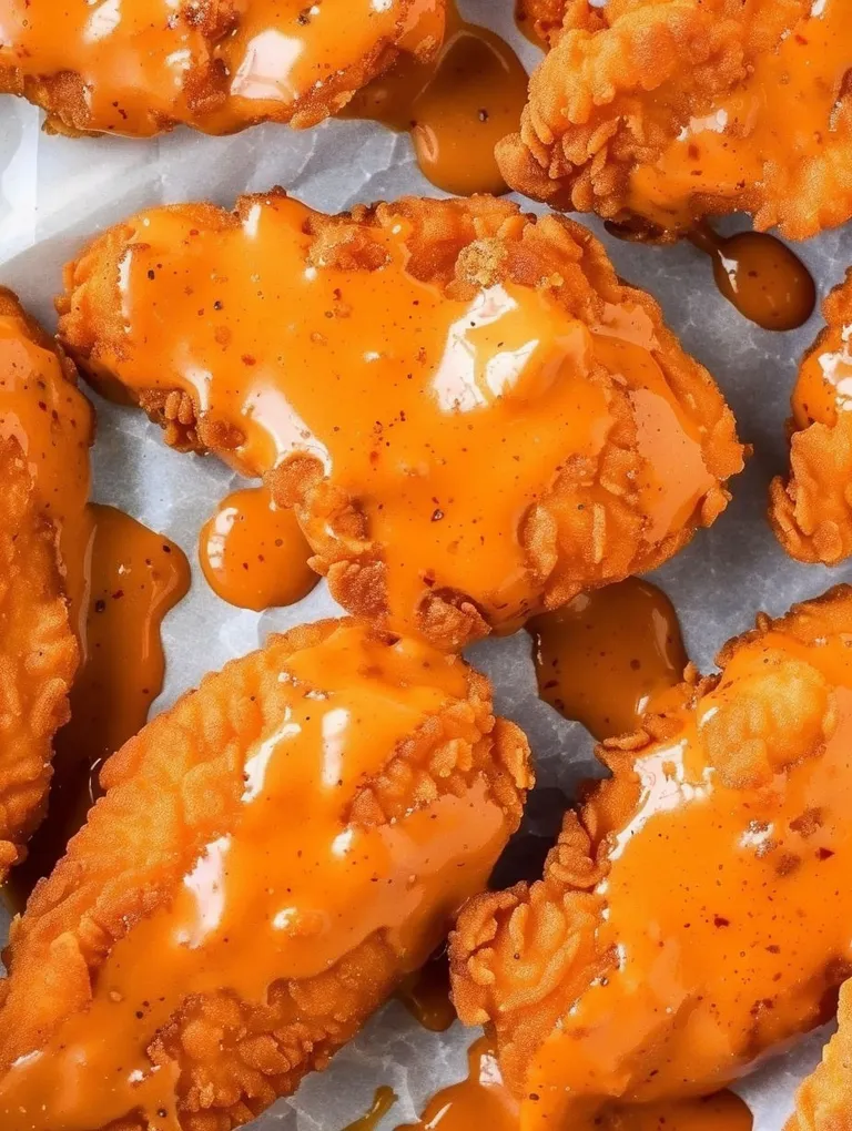 Buffalo chicken tenders on a tray.