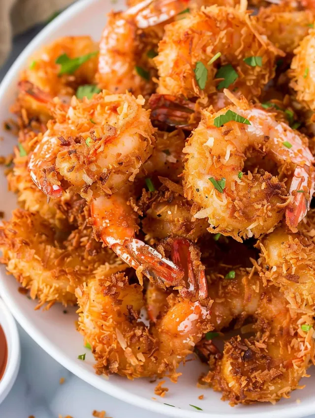 A bowl of shrimp with coconut on top.