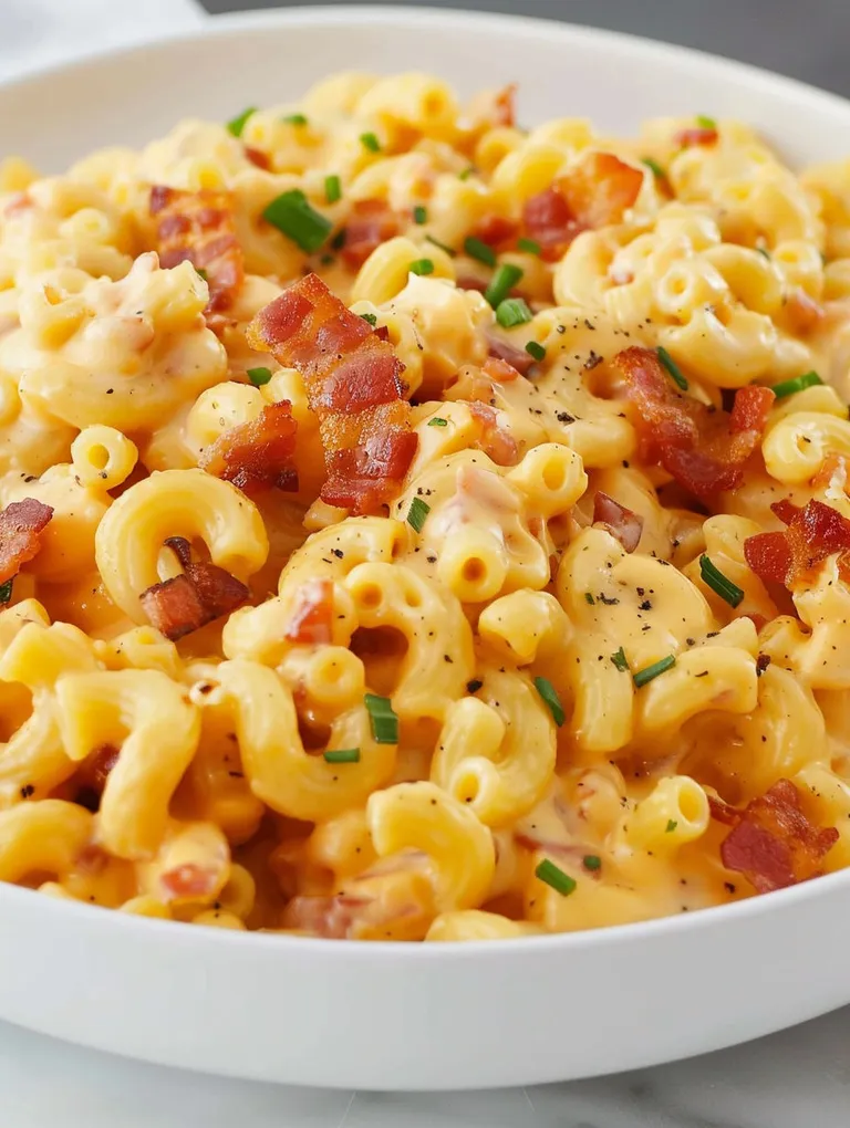 A bowl of mac and cheese with bacon.
