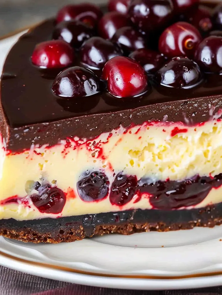 A slice of Black Forest Cheesecake with cherries and chocolate ganache.