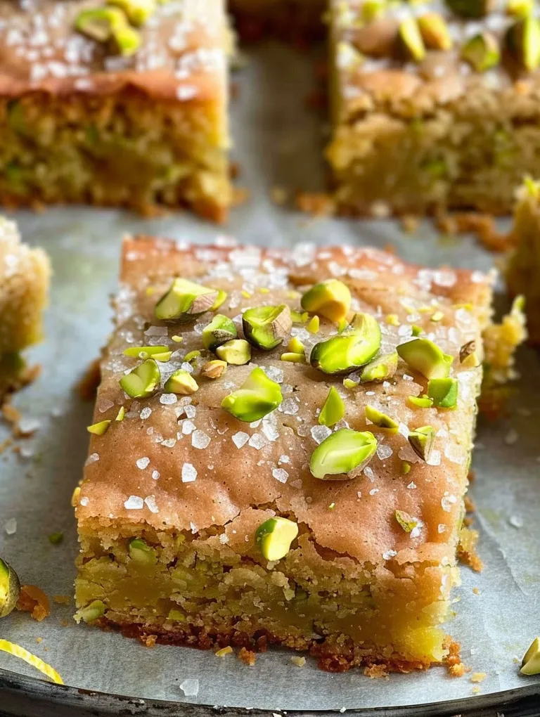 A slice of pistachio cake with lemon and almonds.