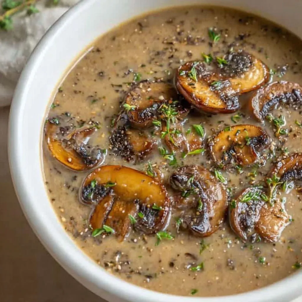 A bowl of mushroom soup with mushrooms and herbs.