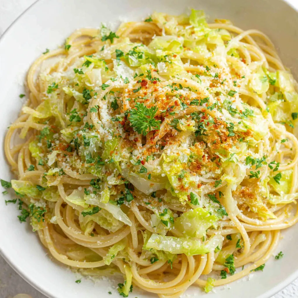 A bowl of pasta with cabbage and cheese.