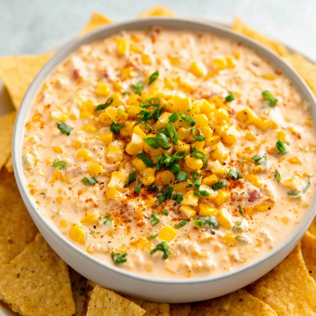 A bowl of corn dip with chips.