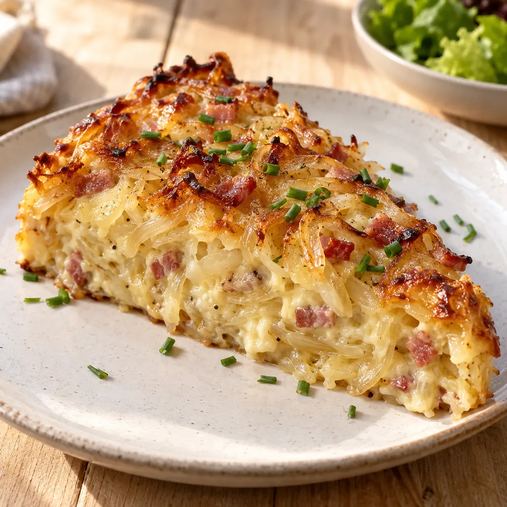 Bodenloser Zwiebelkuchen mit Speck, Käse und Schnittlauch