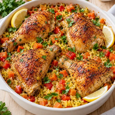 Goldbraunes Huhn-Reis-Ofengericht mit Petersilie und Zitrone