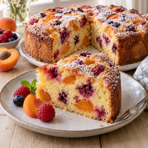 Joghurtkuchen mit Obst, Puderzucker und angeschnittenem Stück