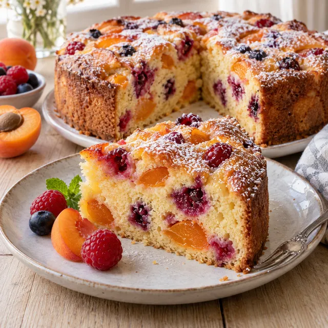 Joghurtkuchen mit Obst, Puderzucker und angeschnittenem Stück