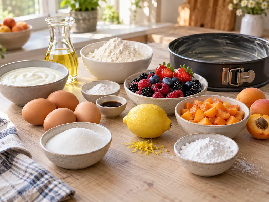 Zutaten für Joghurtkuchen mit Obst neben einer Springform
