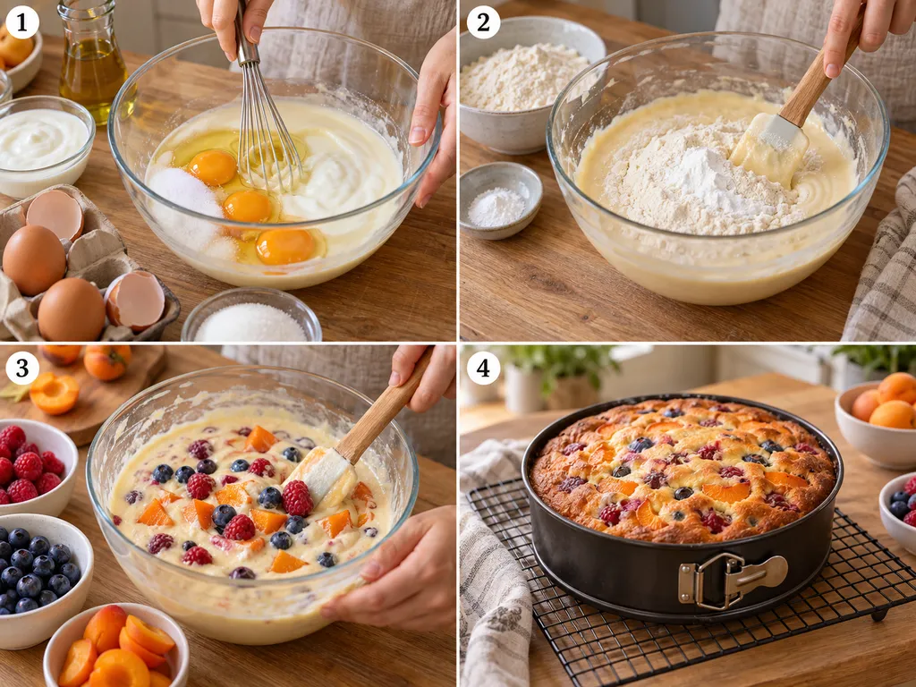 Vier Schritte vom Joghurtteig bis zum gebackenen Obstkuchen