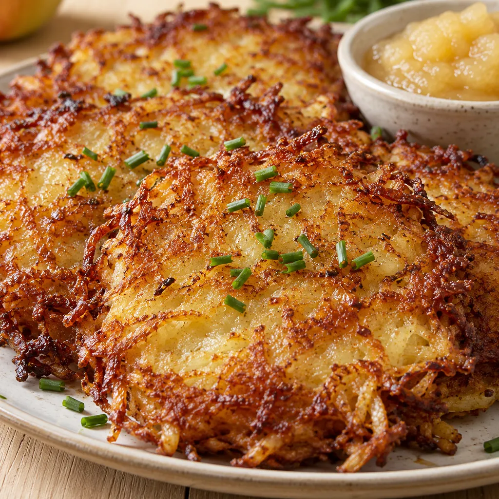 Knusprige Kartoffelpuffer mit Apfelmus und Schnittlauch