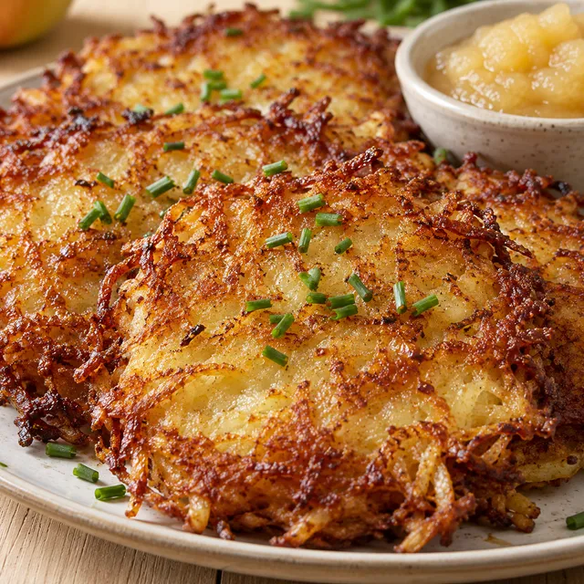 Knusprige Kartoffelpuffer mit Apfelmus und Schnittlauch