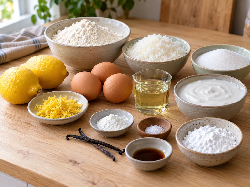 Zutaten für Kokos-Zitronen-Kuchen mit Zitronen, Kokos und Eiern
