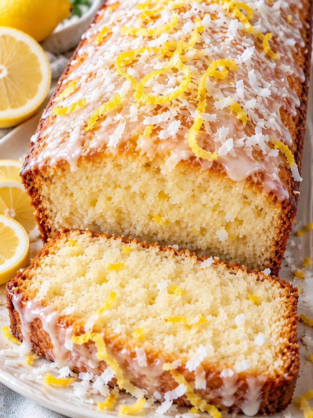 Saftiger Kokos-Zitronen-Kuchen mit Glasur und angeschnittener Scheibe