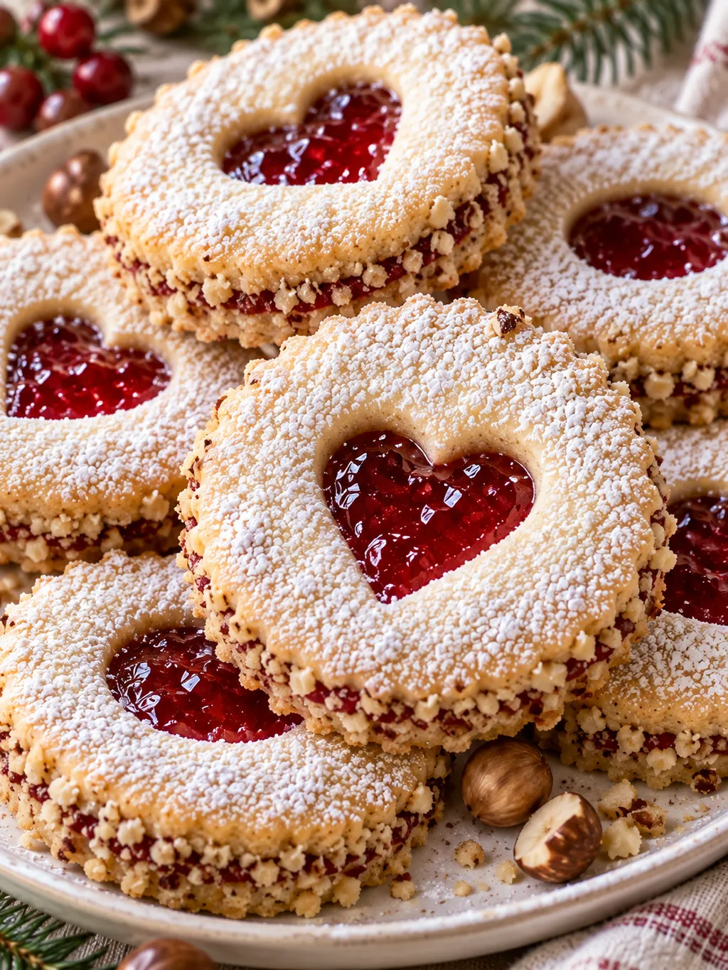Gefüllte Linzer-Kekse mit Puderzucker und glänzendem rotem Gelee