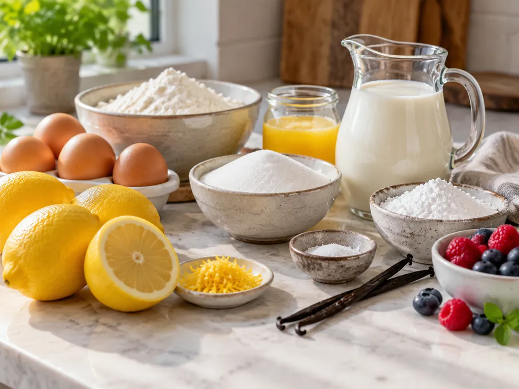 Zutaten für Zitronenkuchen mit Eiern, Milch, Butter und Zitronen