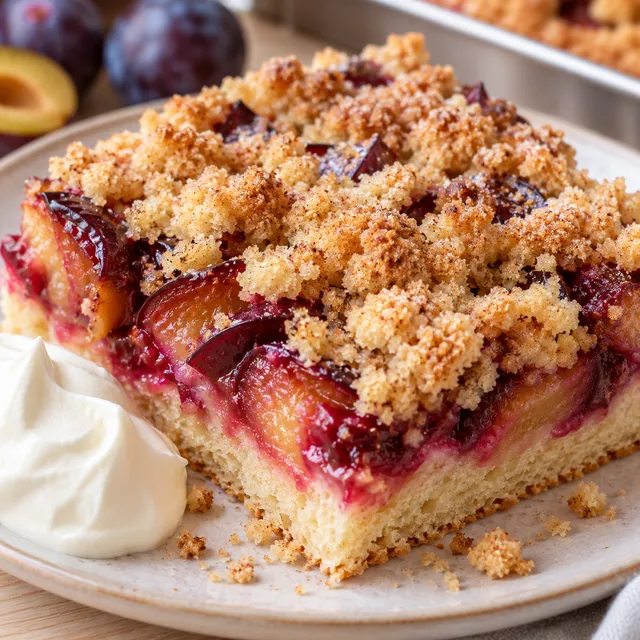 Pflaumenkuchen mit Zwetschgen und goldenen Streuseln