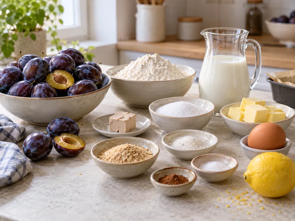 Zutaten für Pflaumenkuchen mit Zwetschgen, Butter, Mehl und Zimt