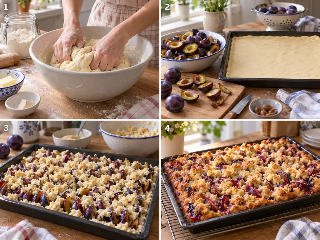 Vier Schritte für Pflaumenkuchen vom Hefeteig bis zum gebackenen Blech