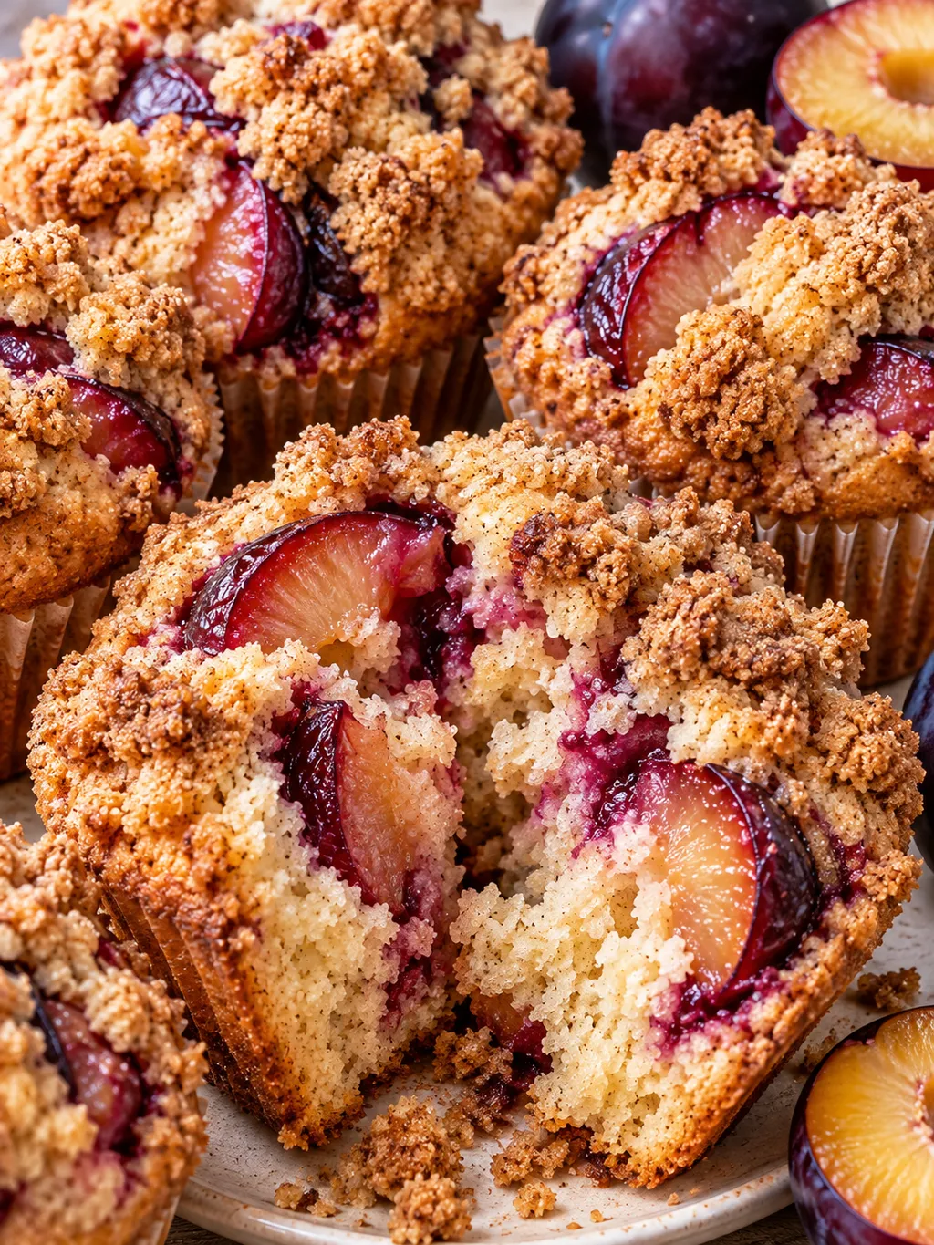 Saftige Pflaumenmuffins mit goldenen Zimtstreuseln
