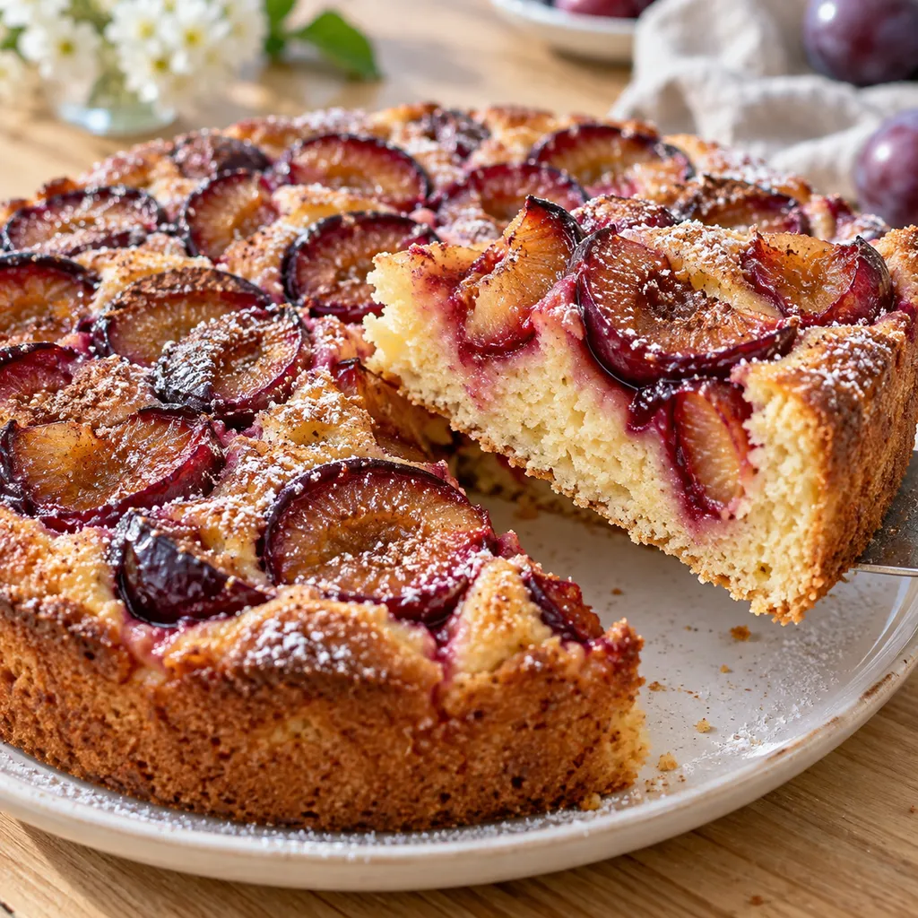 Saftiger Pflaumenkuchen mit Zimt-Zucker auf hellem Rührteig