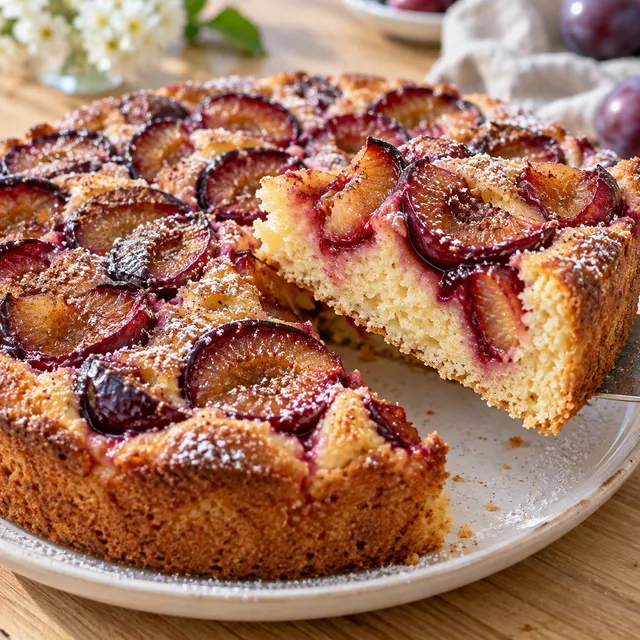 Saftiger Pflaumenkuchen mit Zimt-Zucker auf hellem Rührteig