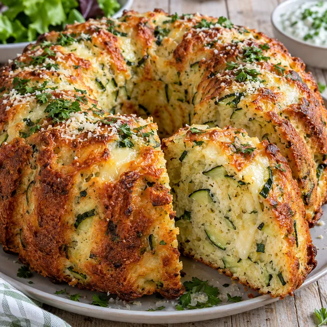 Goldbrauner Zucchini-Käse-Kranz mit Petersilie und angeschnittener Scheibe